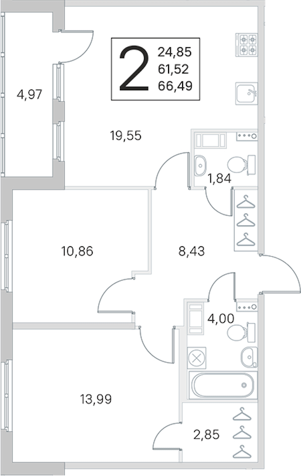 2-комнатная квартира 61.52 м², 4/4 эт., ЖК «Любоград в Стрельне»